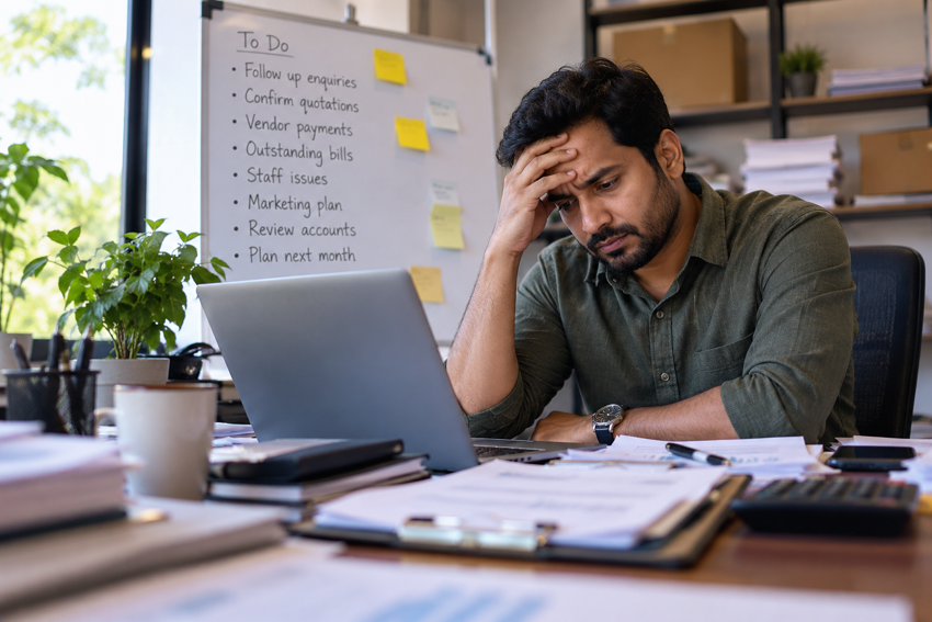 Small business owner facing sales, customer, cash flow and operational business problems